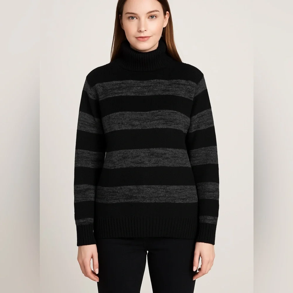 NWOT Eddie Bauer Turtleneck Striped‎ cotton blend Sweater, Black, XL